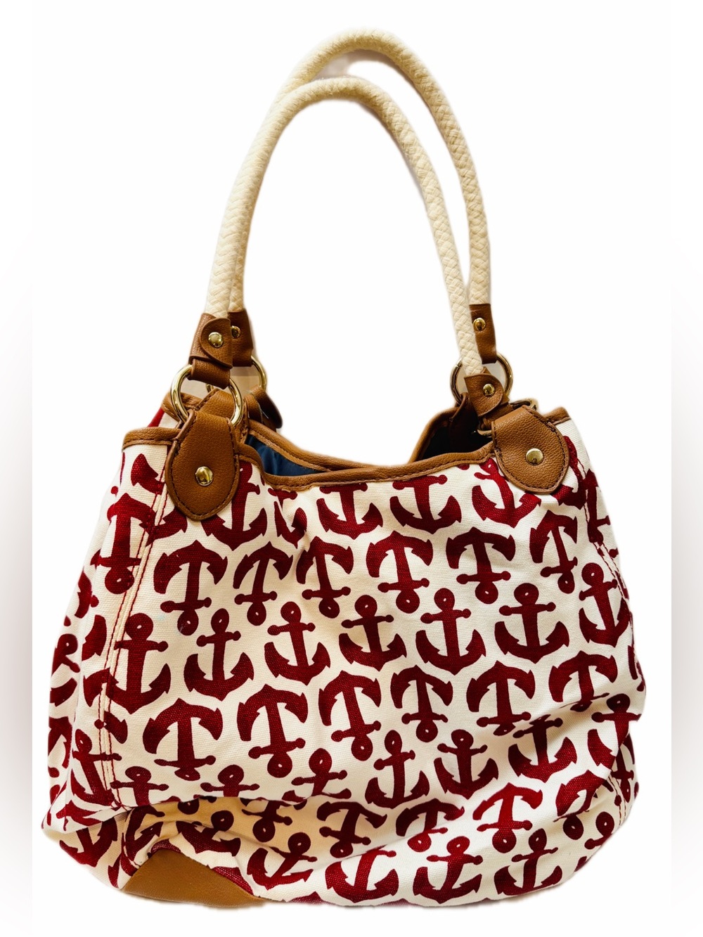 NWOT Tommy Hilfiger Red Anchor Canvas Tote Bag Rope Handles - Picture 2 of 9
